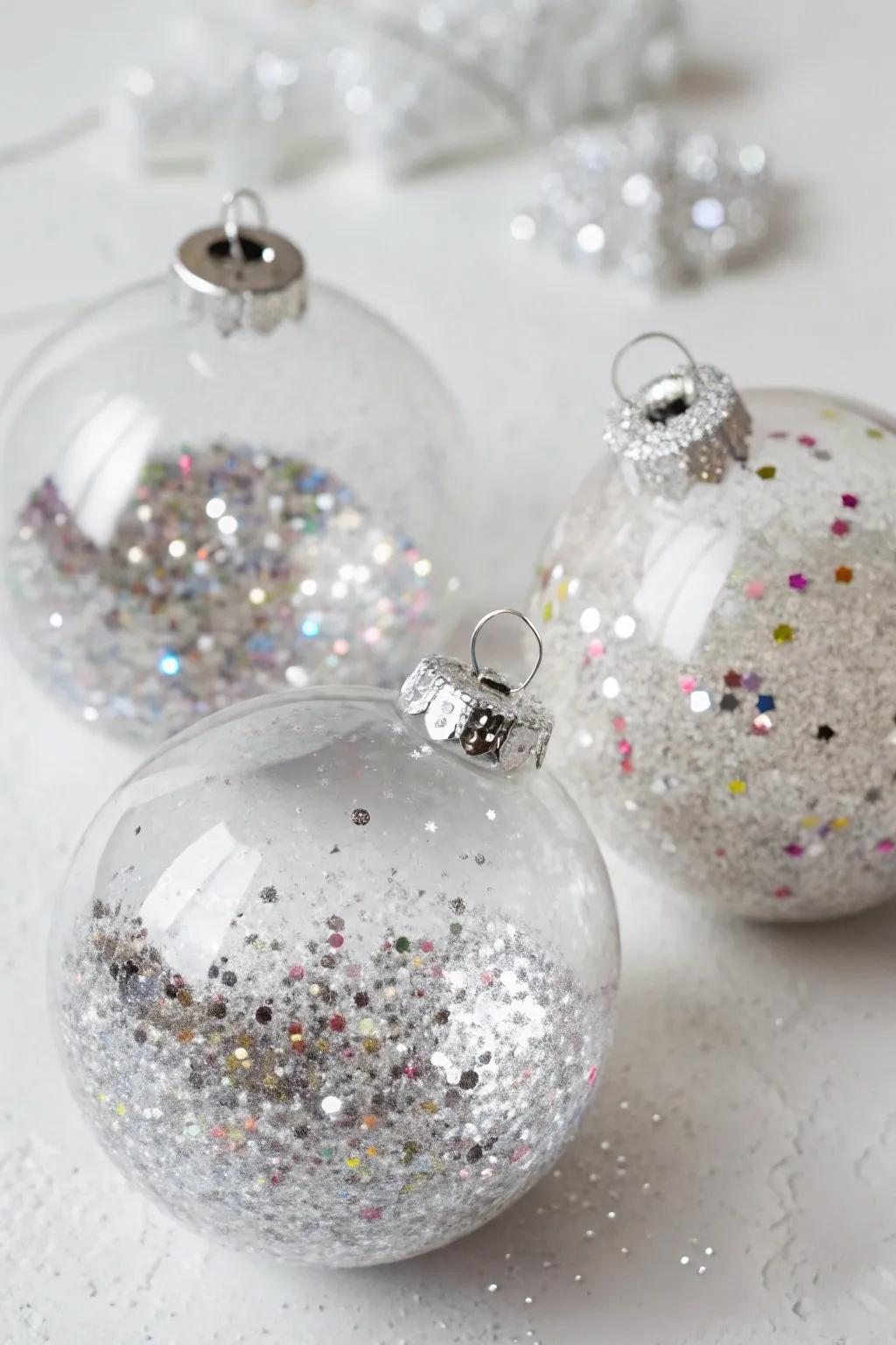 Sparkling ornaments filled with glitter and sequins.