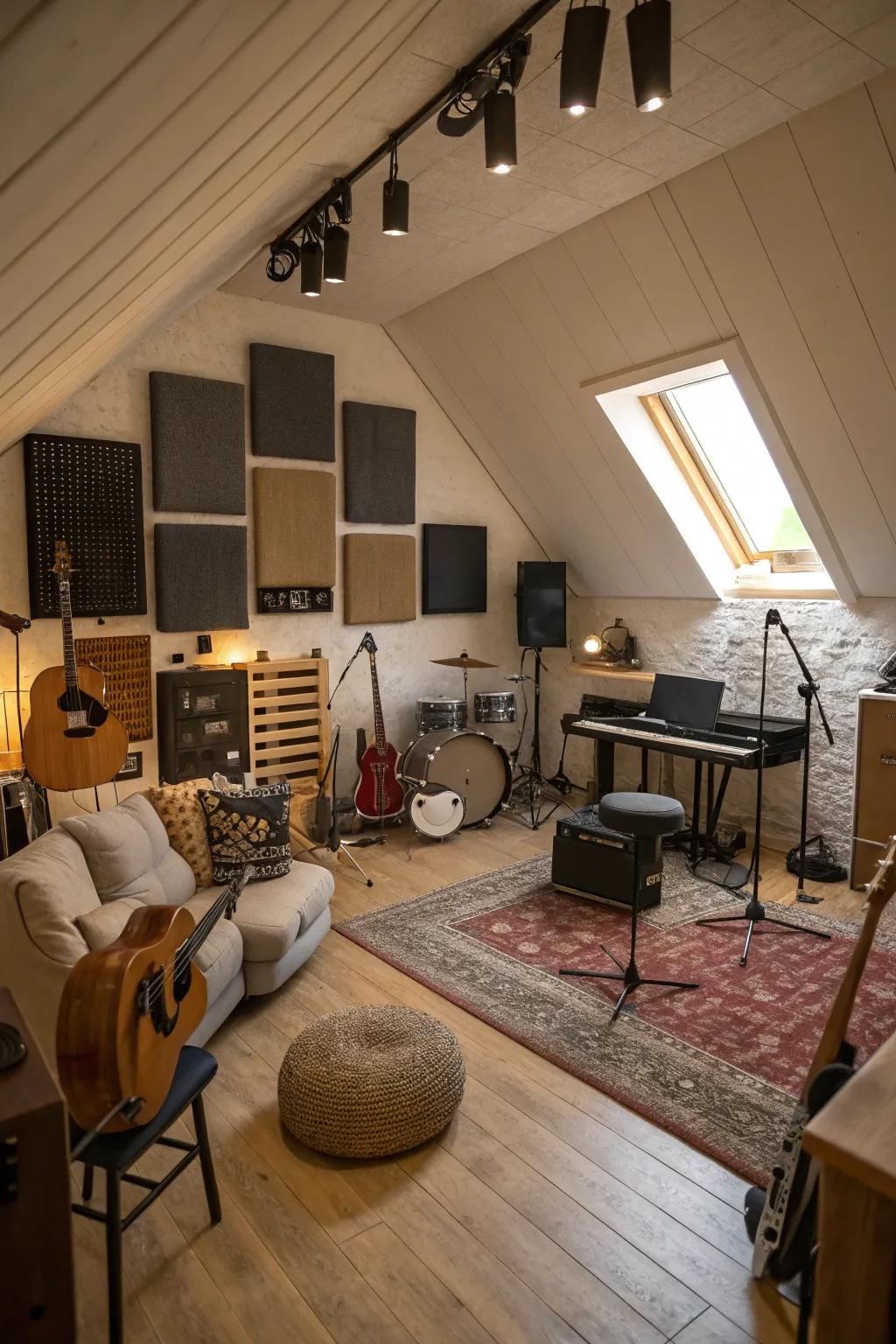 A harmonious attic music room designed for sound and comfort.