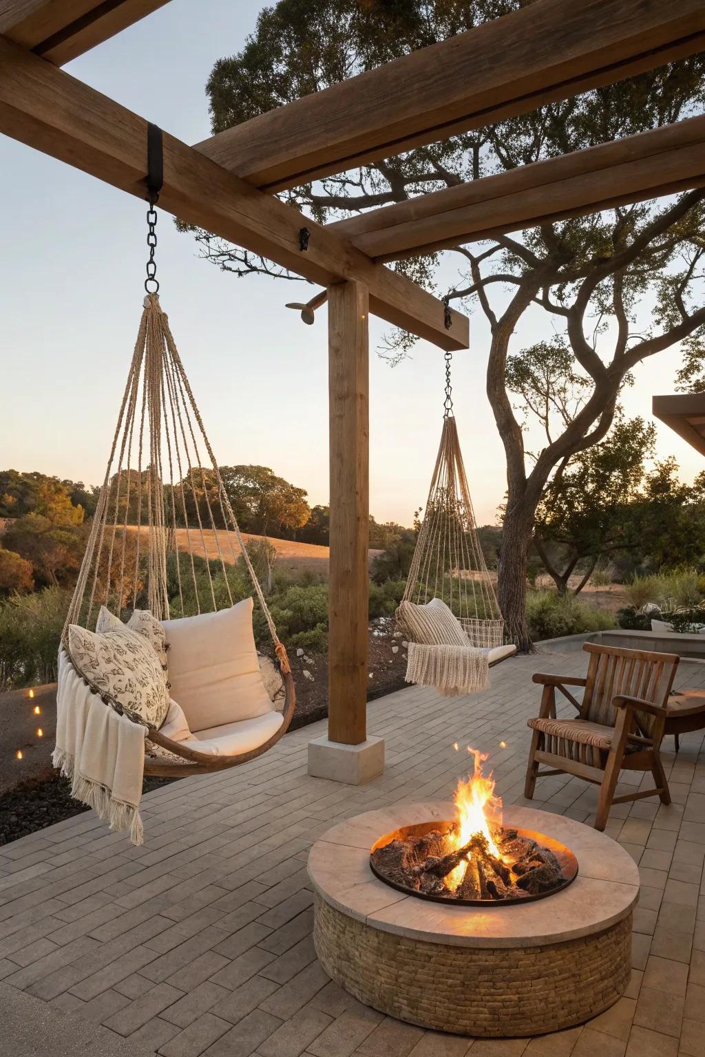 Suspended hammock chairs provide a playful, relaxing seating option.