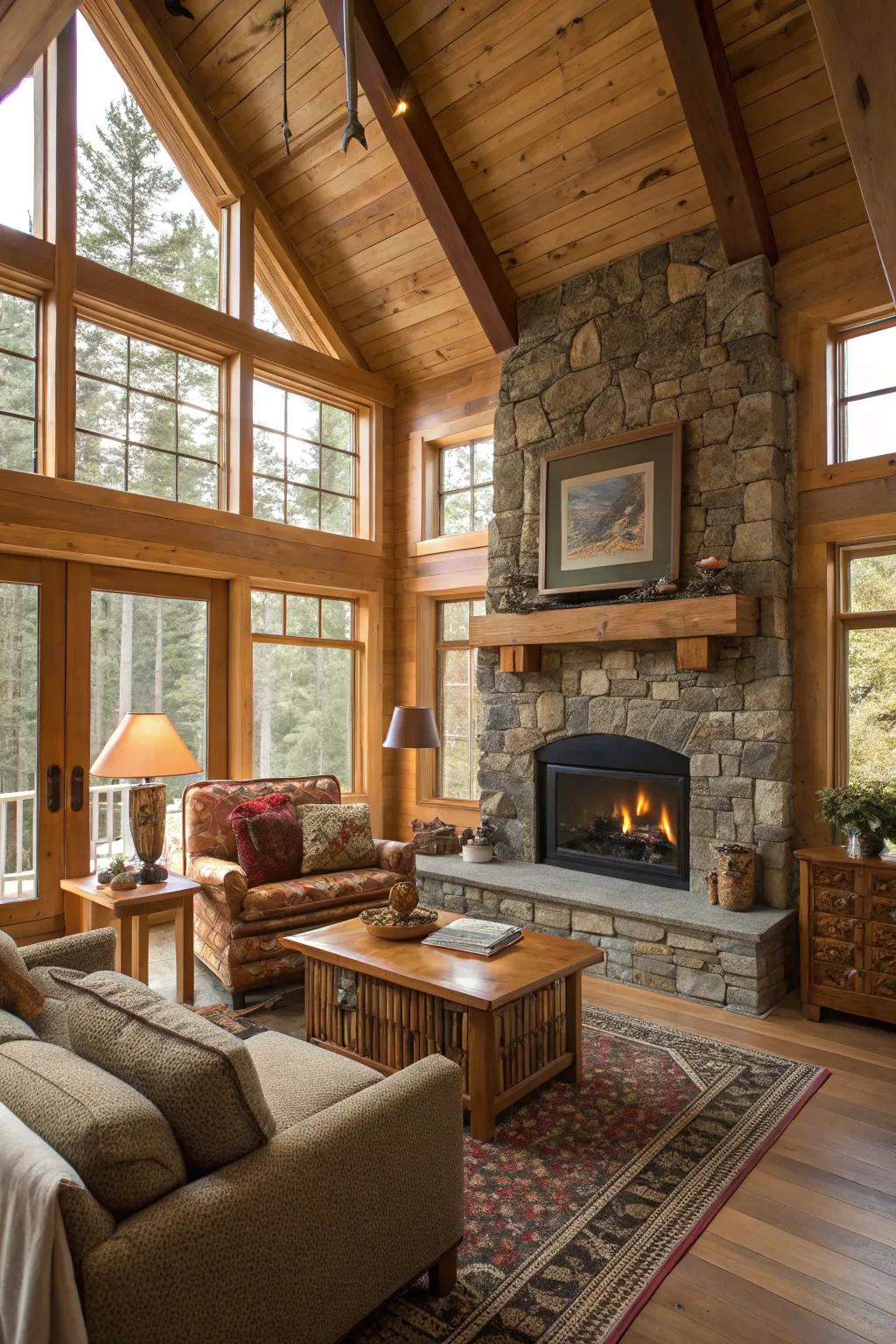 Wooden accents bring a rustic charm to this bright and airy living space.