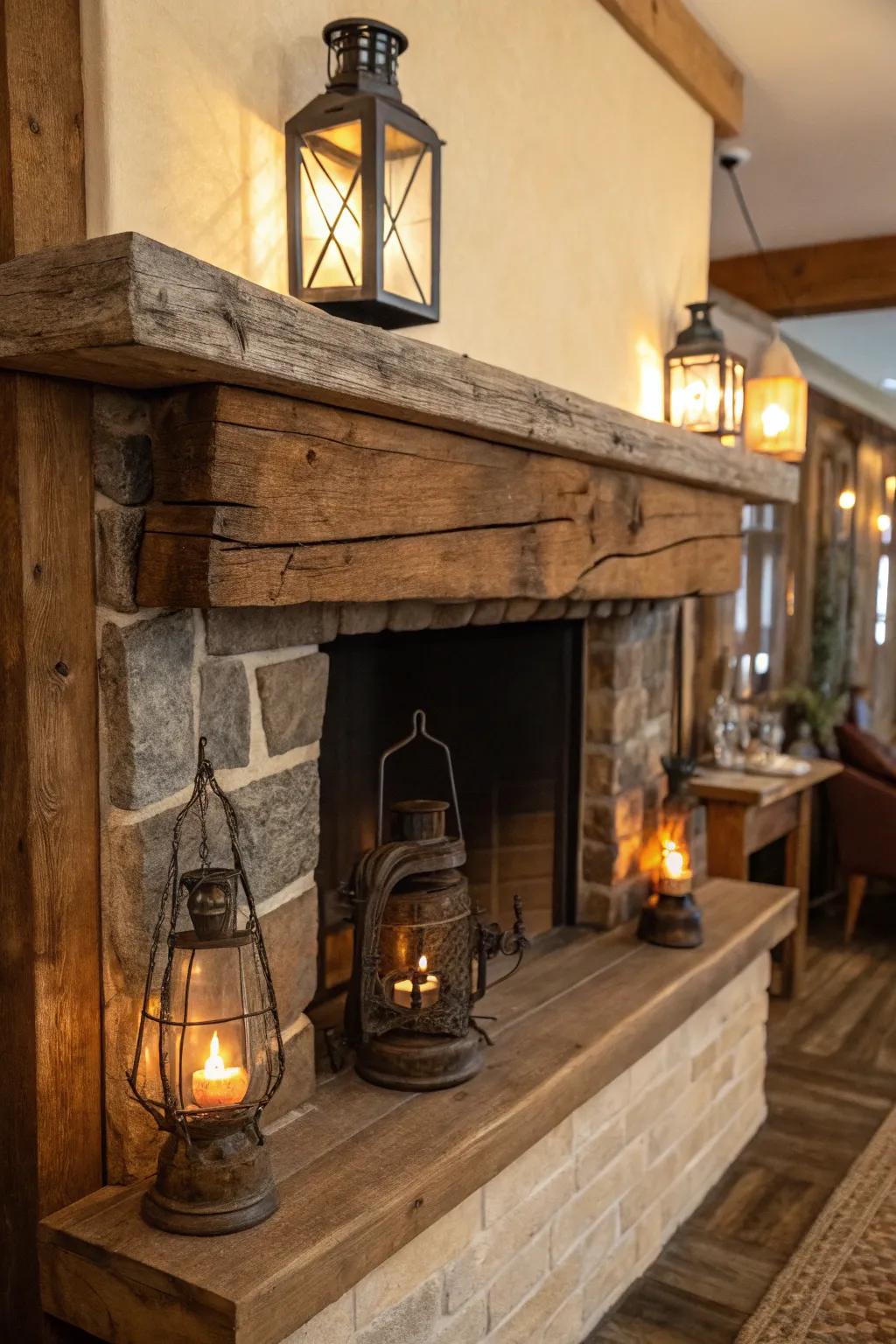 Vintage lanterns and reclaimed wood create a rustic charm.