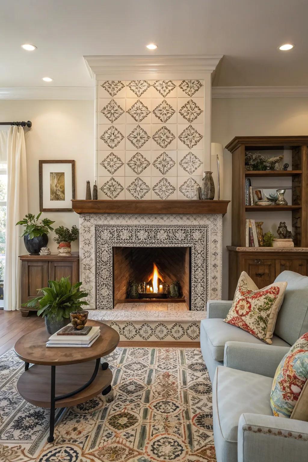 The use of symmetrical finishes imparts a harmonious centerpiece on this fireplace.