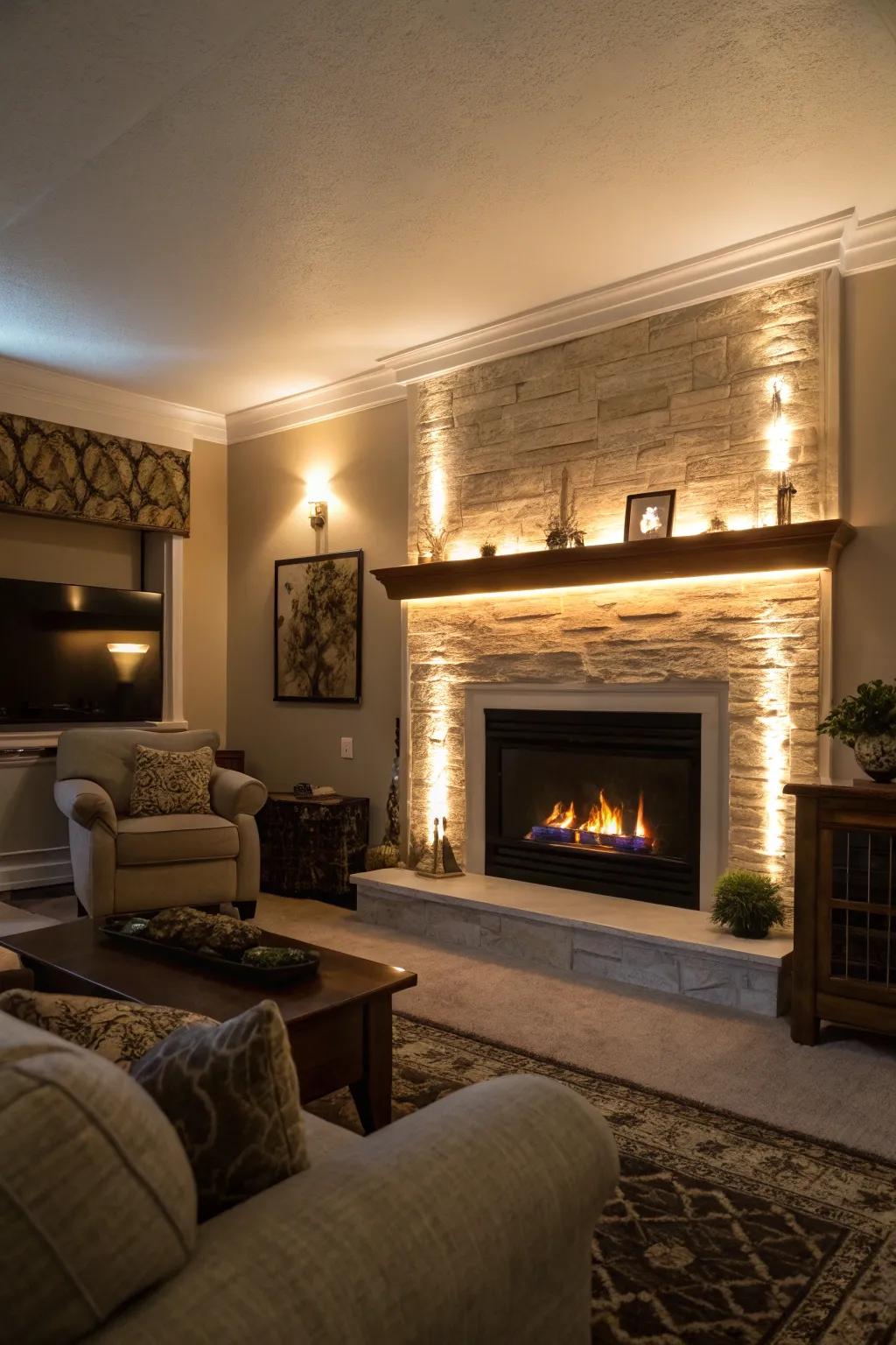 Energetic light-emitting diode illumination injects ambiance into this fireplace wall.