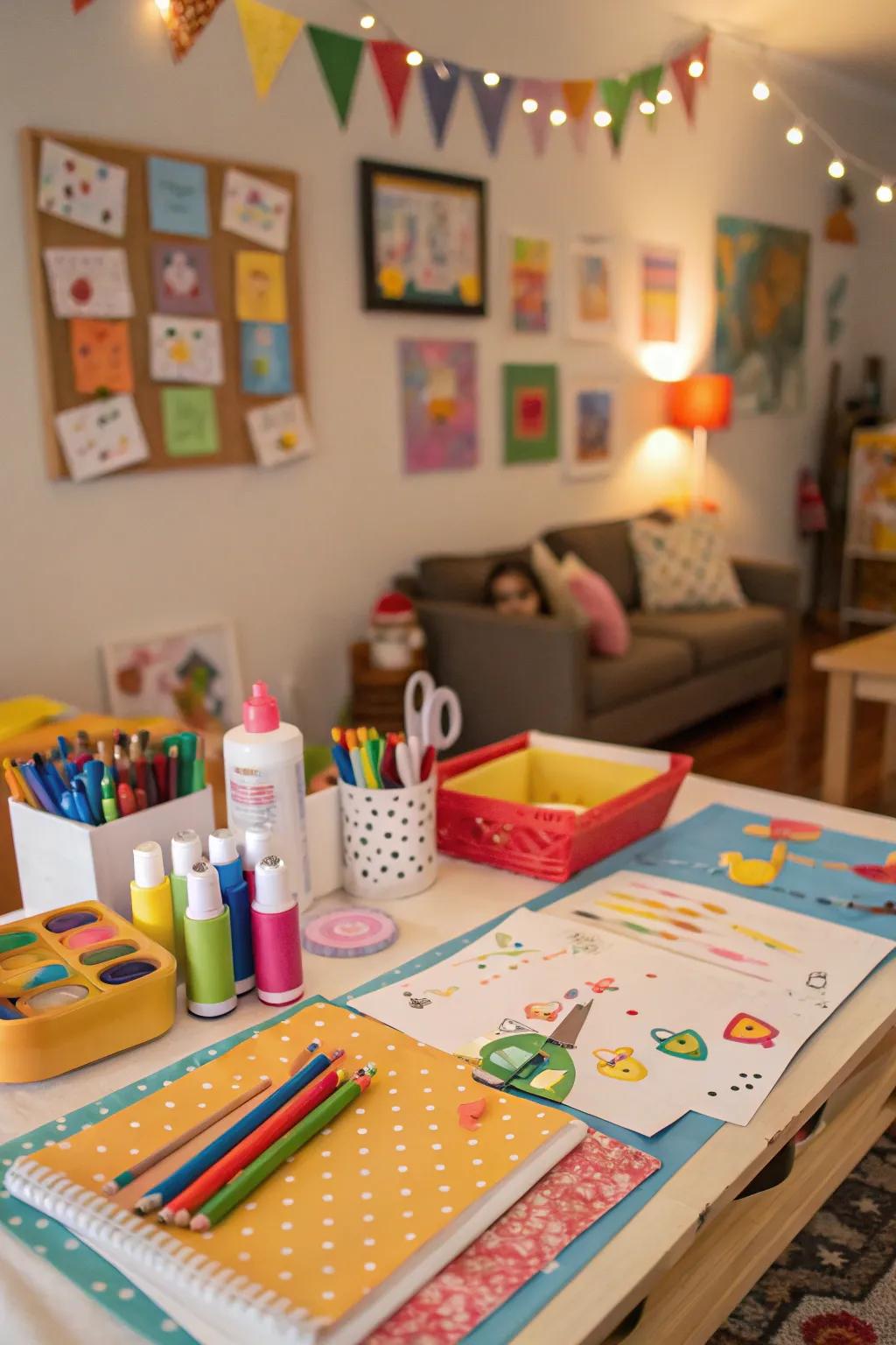 A creative art corner for young guests to make their own art pieces.