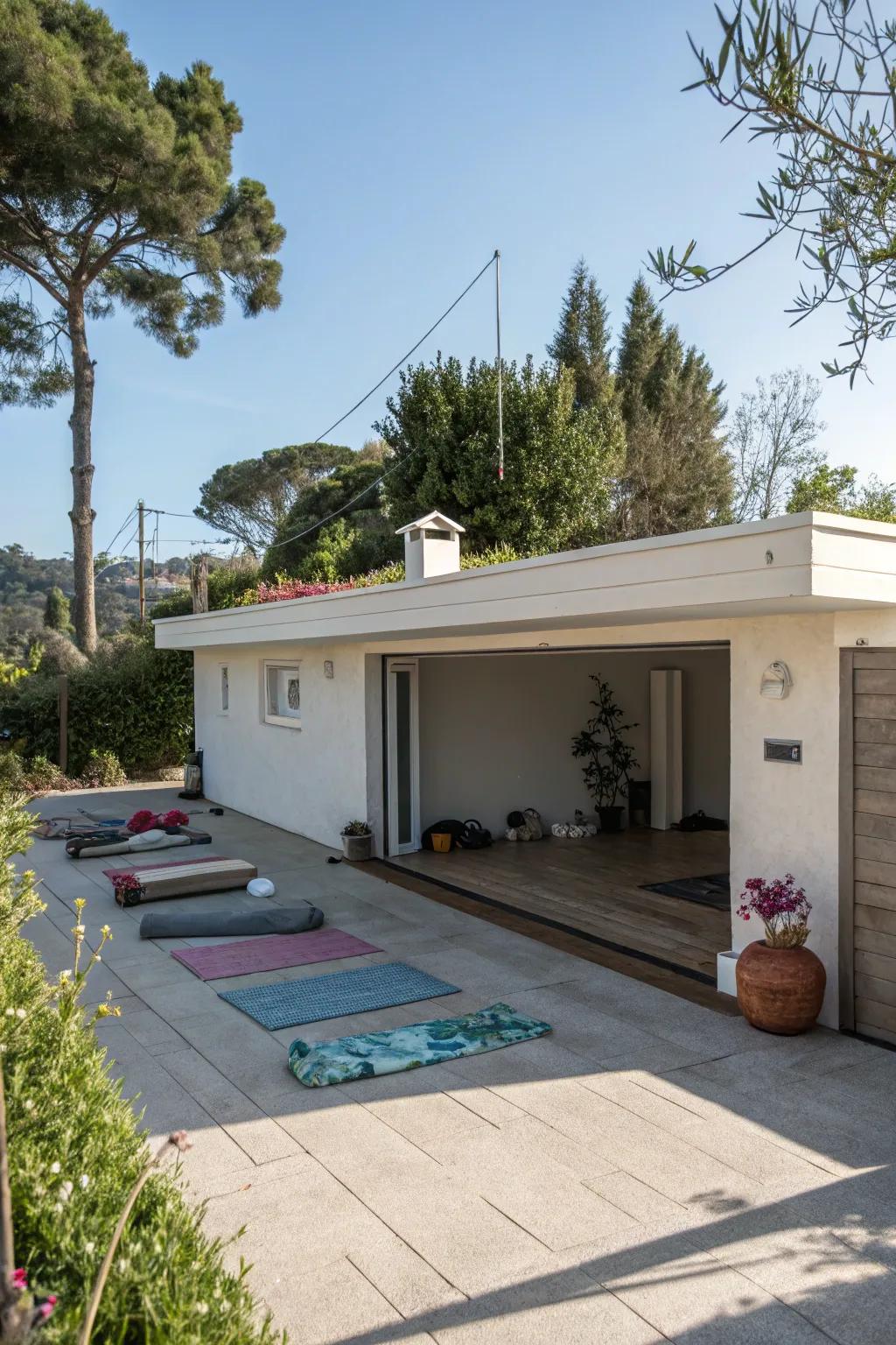 A yoga space on a flat roof garage gives a peaceful place to relax.