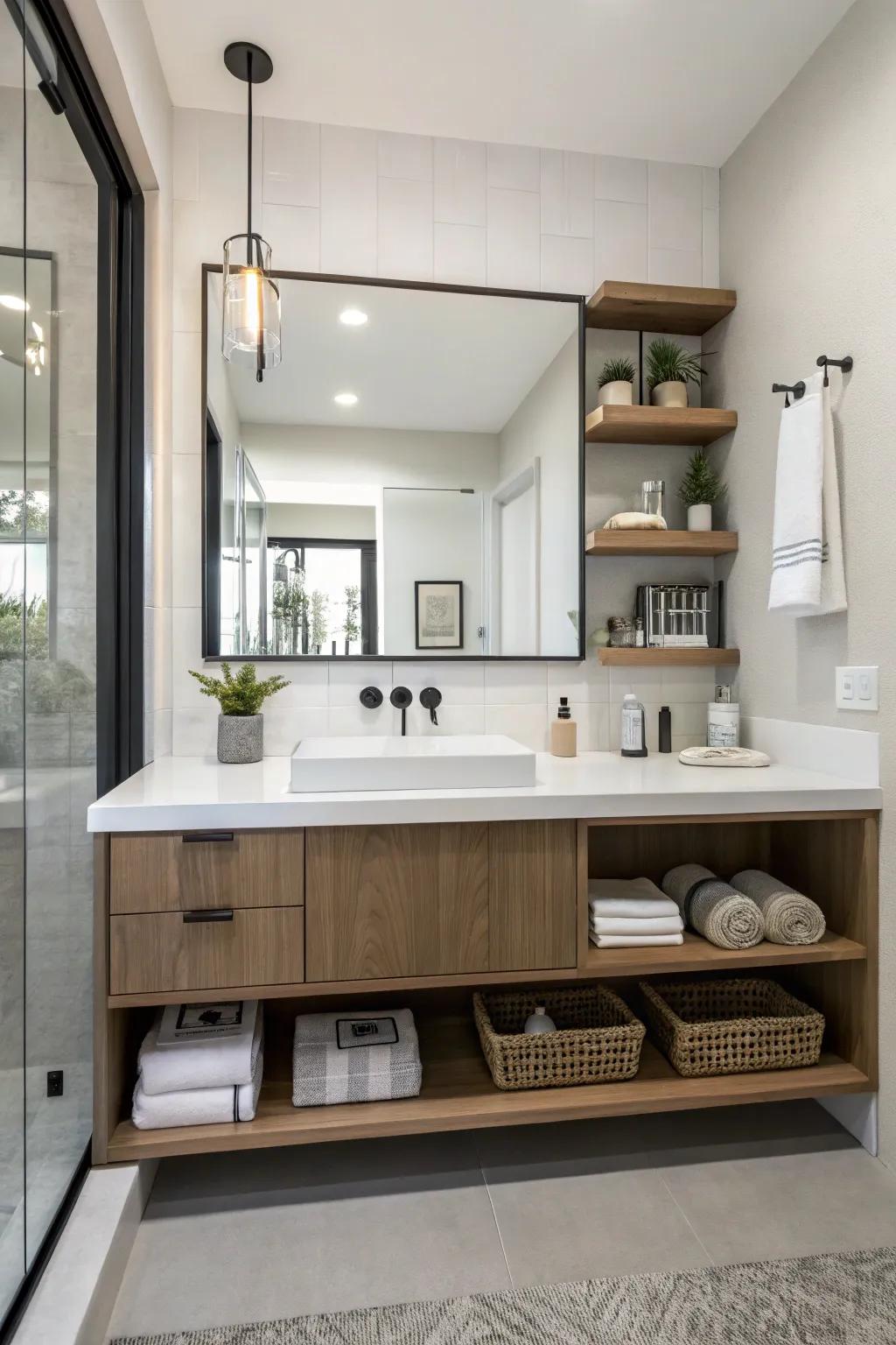 A bathroom featuring a floating vanity with open shelving for a modern and functional look.