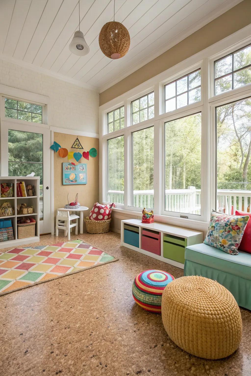 Family-accommodating sunroom featuring cork flooring.