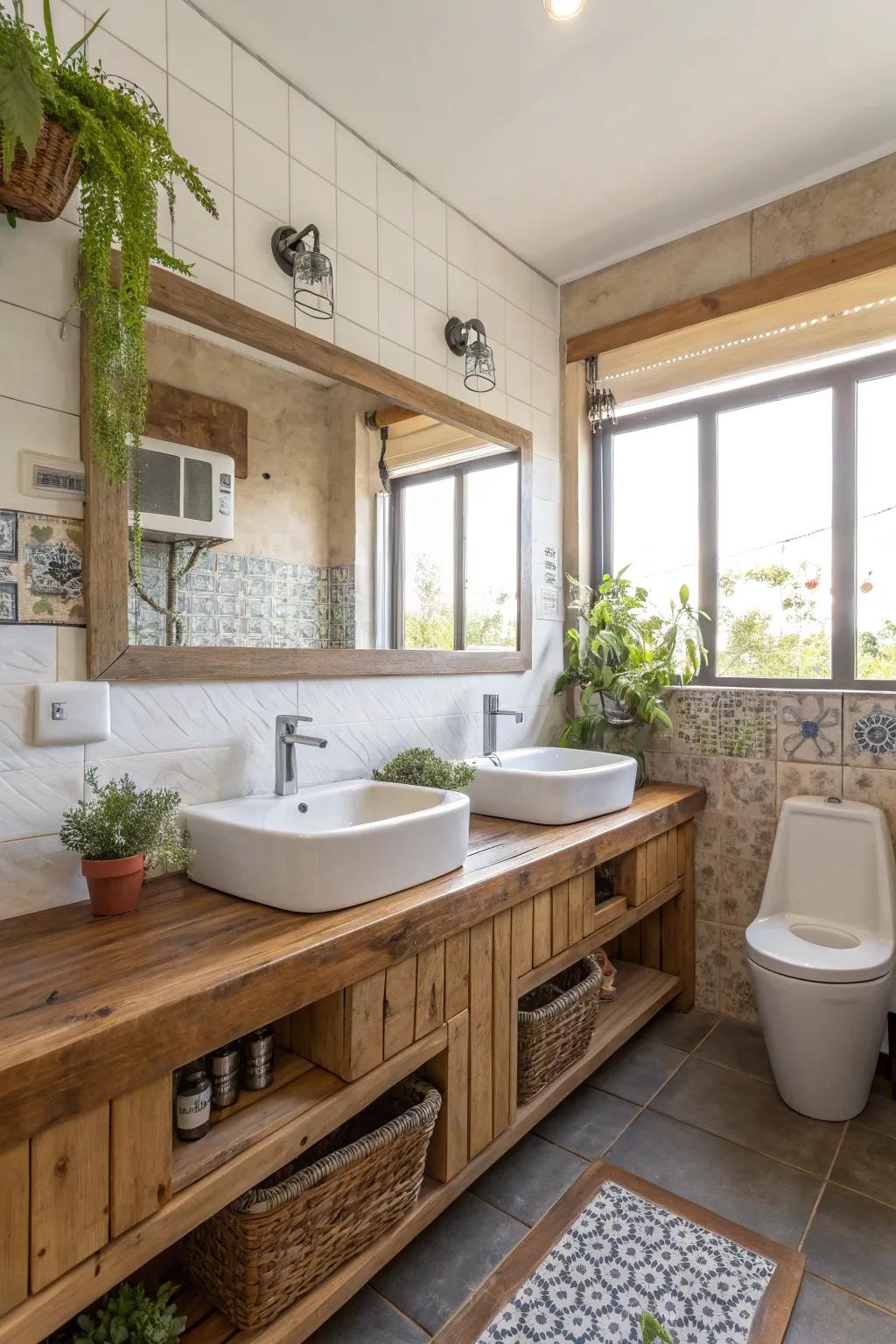 Eco-minded selections enhance the bathroom's sustainability and allure.