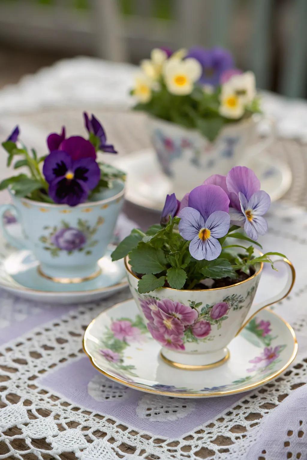 Dainty porcelain cup flowering arrangements.