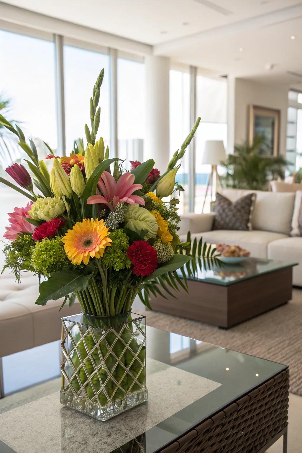 A structured bouquet adding elegance to a contemporary living room.