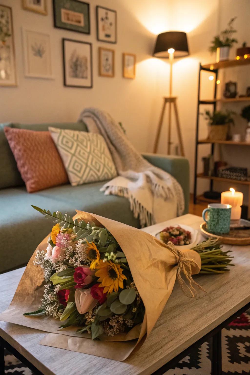 A loosely wrapped bouquet incorporates inventive flair.