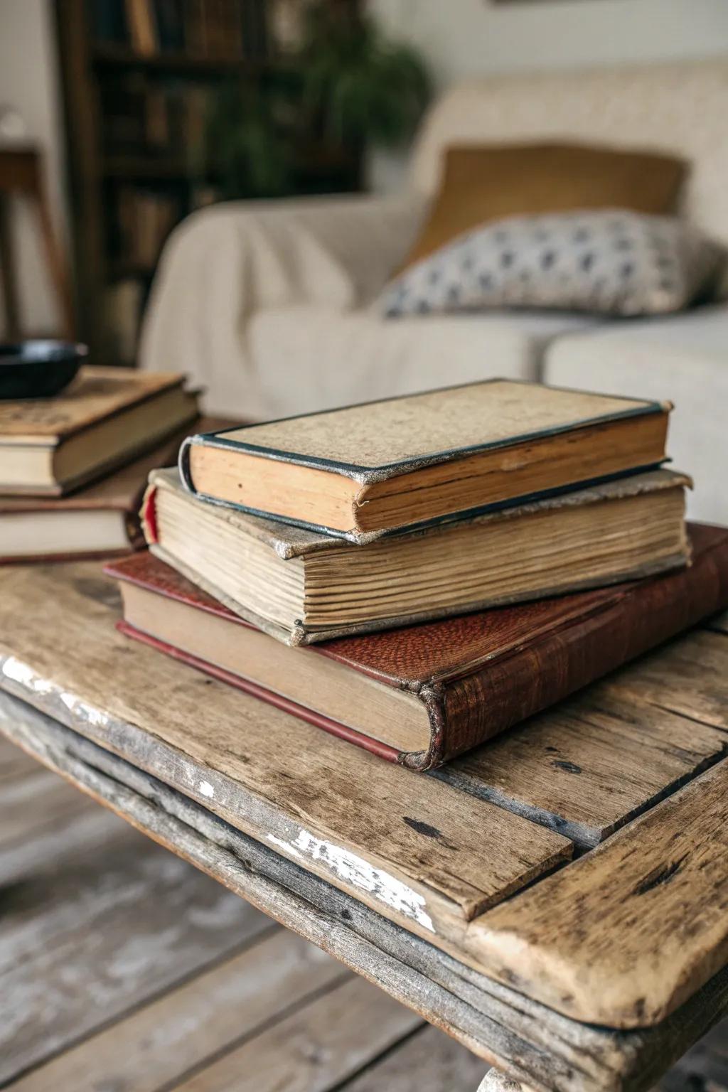 A stack of vintage books adding a touch of history to the decor.