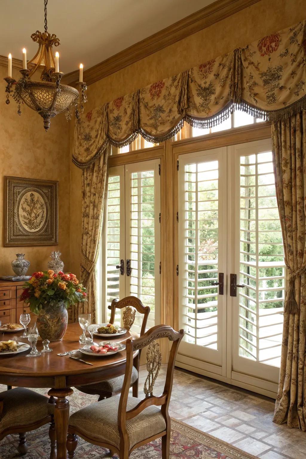 Fancy window coverings and shutters add charm and use to windows.