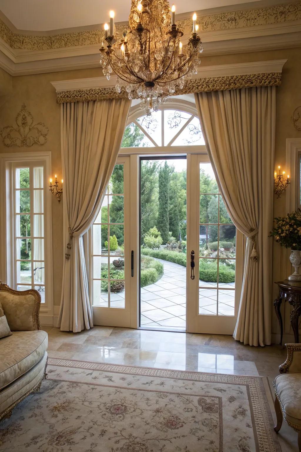 Floor-to-ceiling curtains add a sense of grandeur and height.