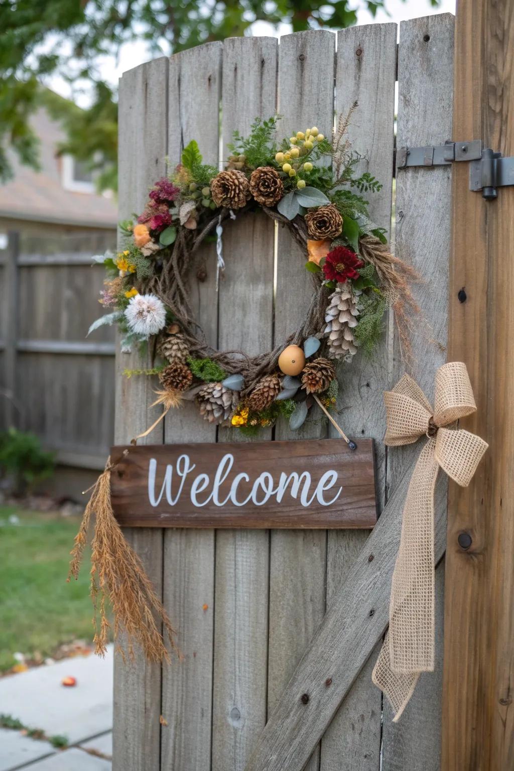 A farmhouse welcome wreath dispensing a cozy and homespun allure.