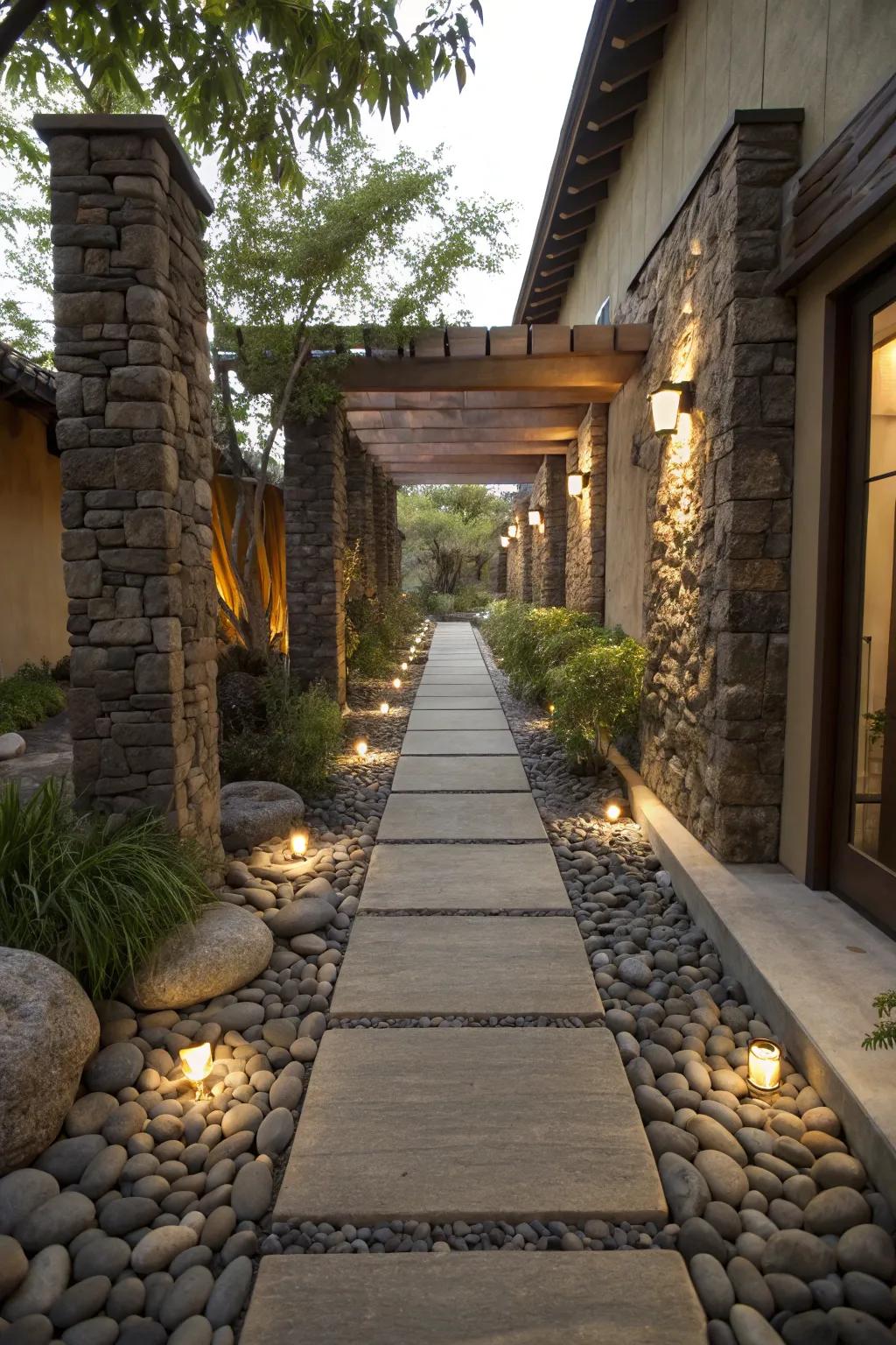 A distinctive path highlighted by stone accents and entry markers.