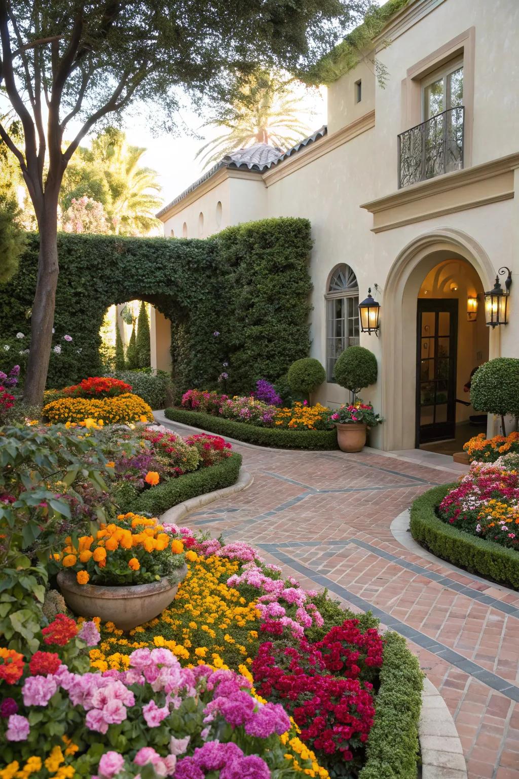 Seasonal blooms inject vibrant hue into the courtyard.