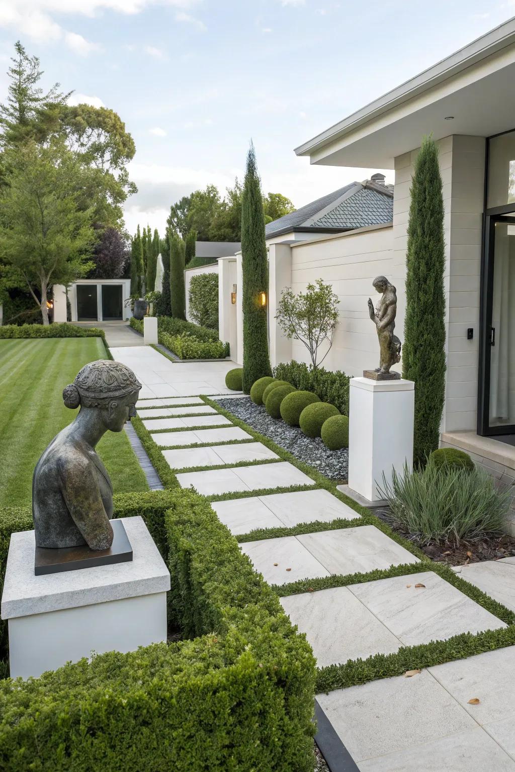 Artistic compositions serve as focal points in contemporary landscapes.