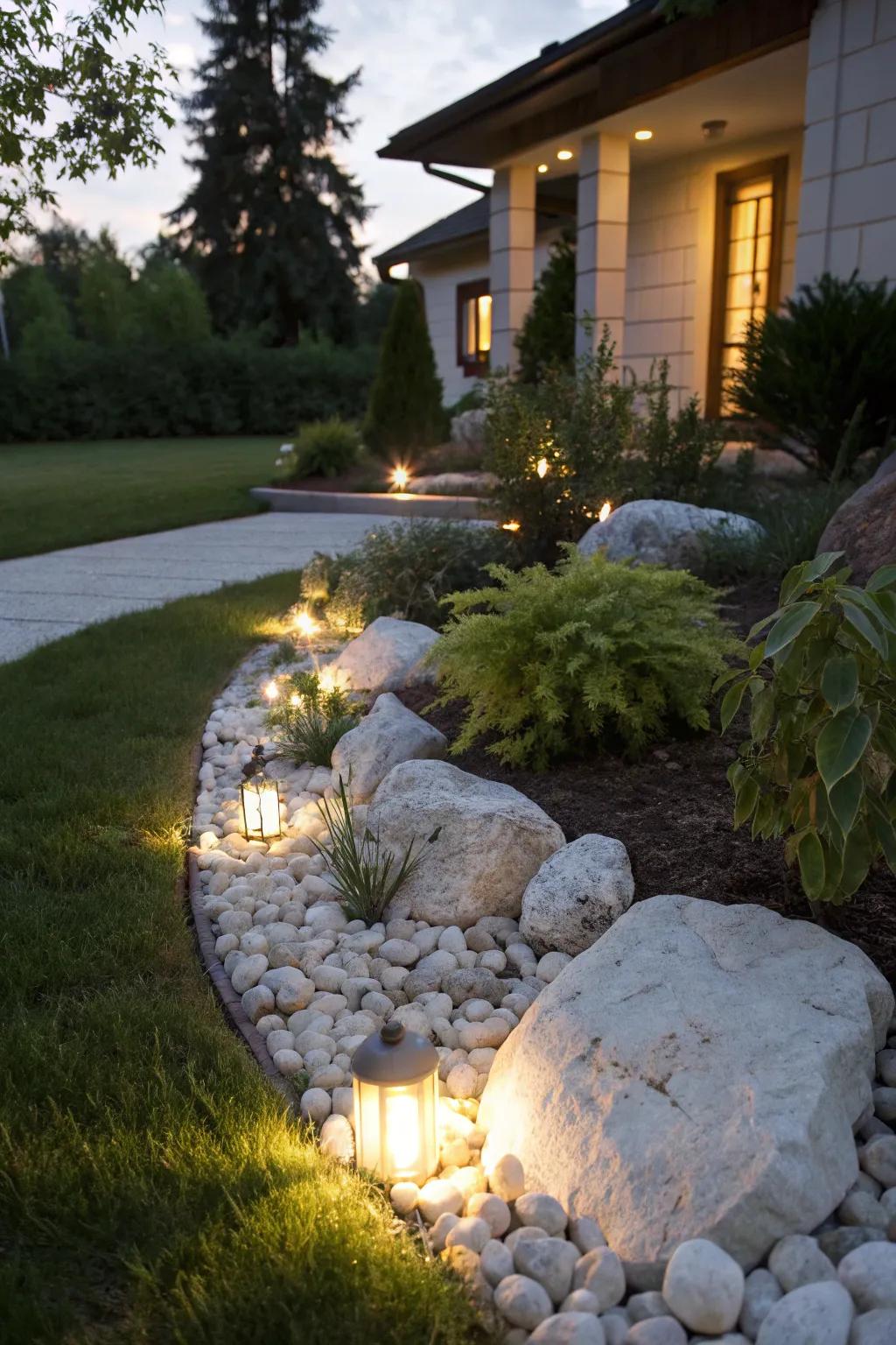 Lighting enhances the beauty of white rock features at night.