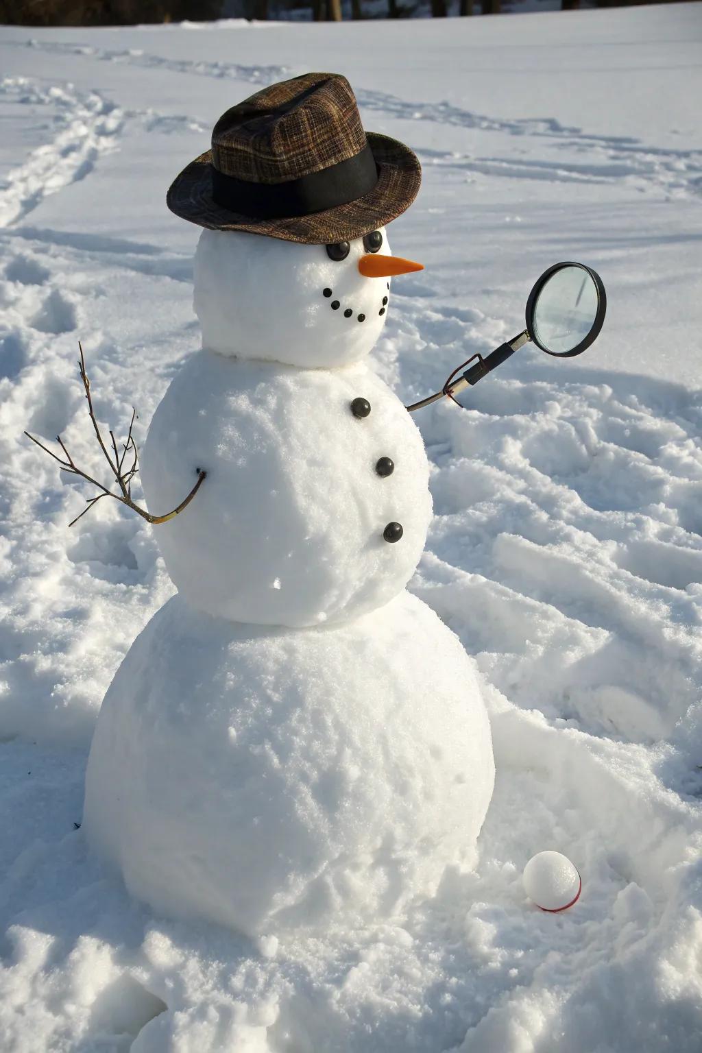 A snow-figure private investigator resolving snowy enigmas.