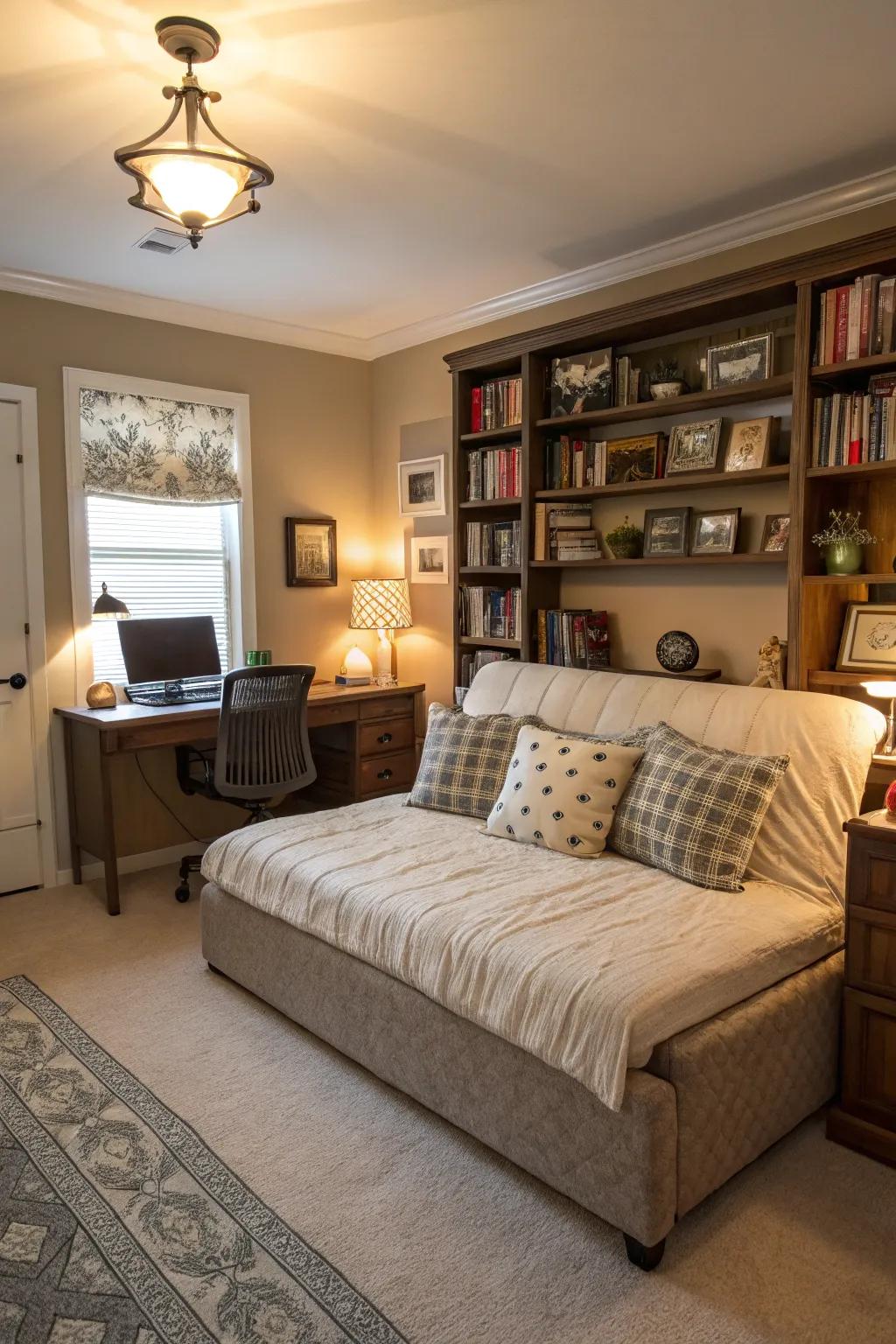 A convertible daybed offers flexibility for hosting guests.