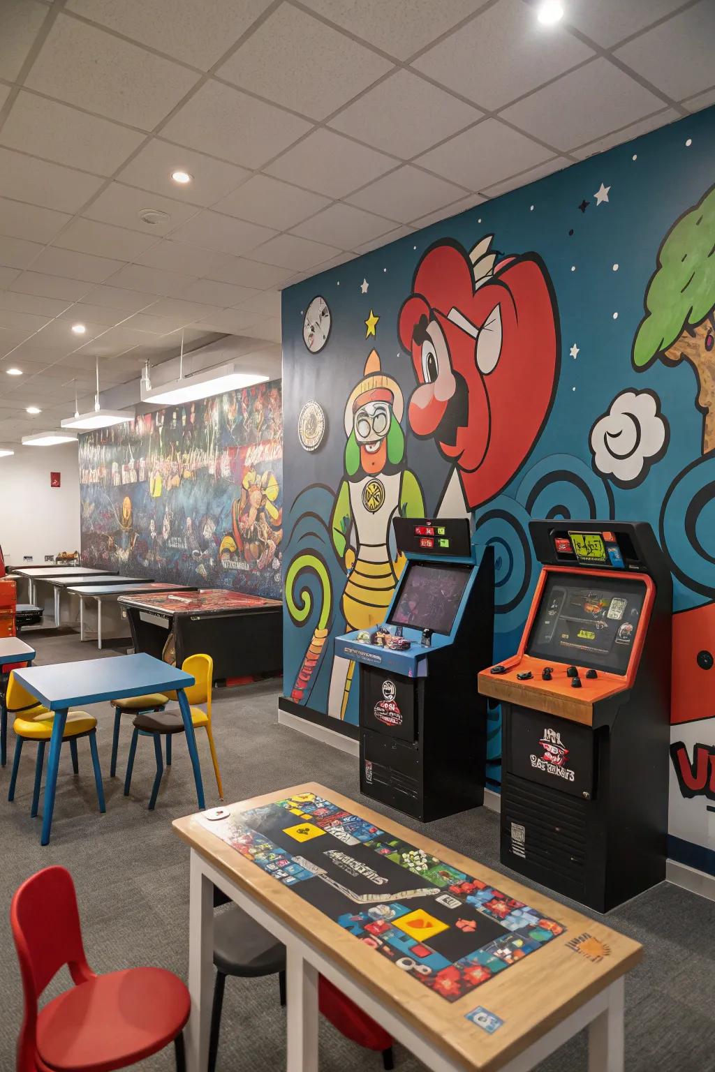 Striking wall images injecting life and color into the area.