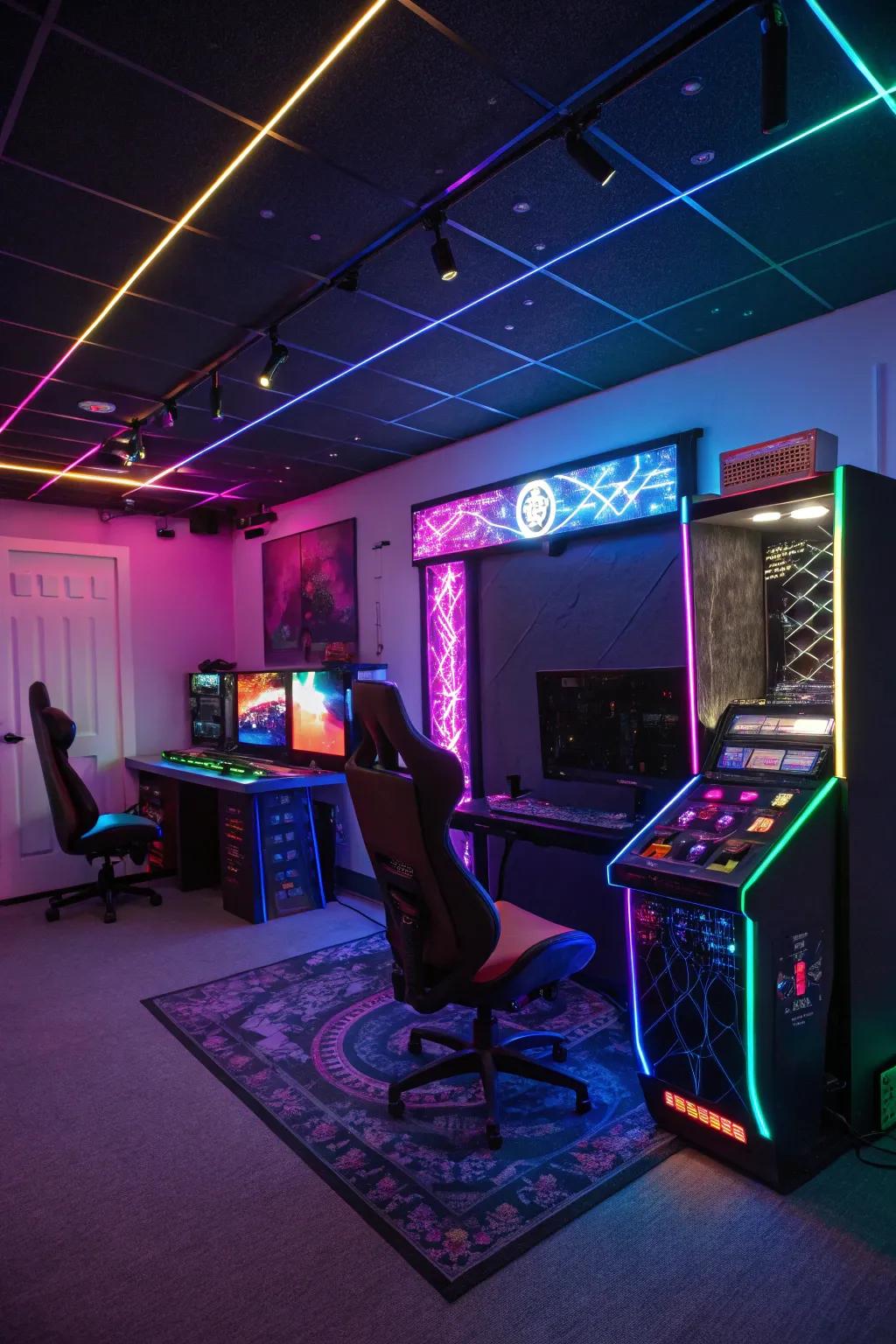 Glow-in-the-dark features add a whimsical touch to this pc gaming room.
