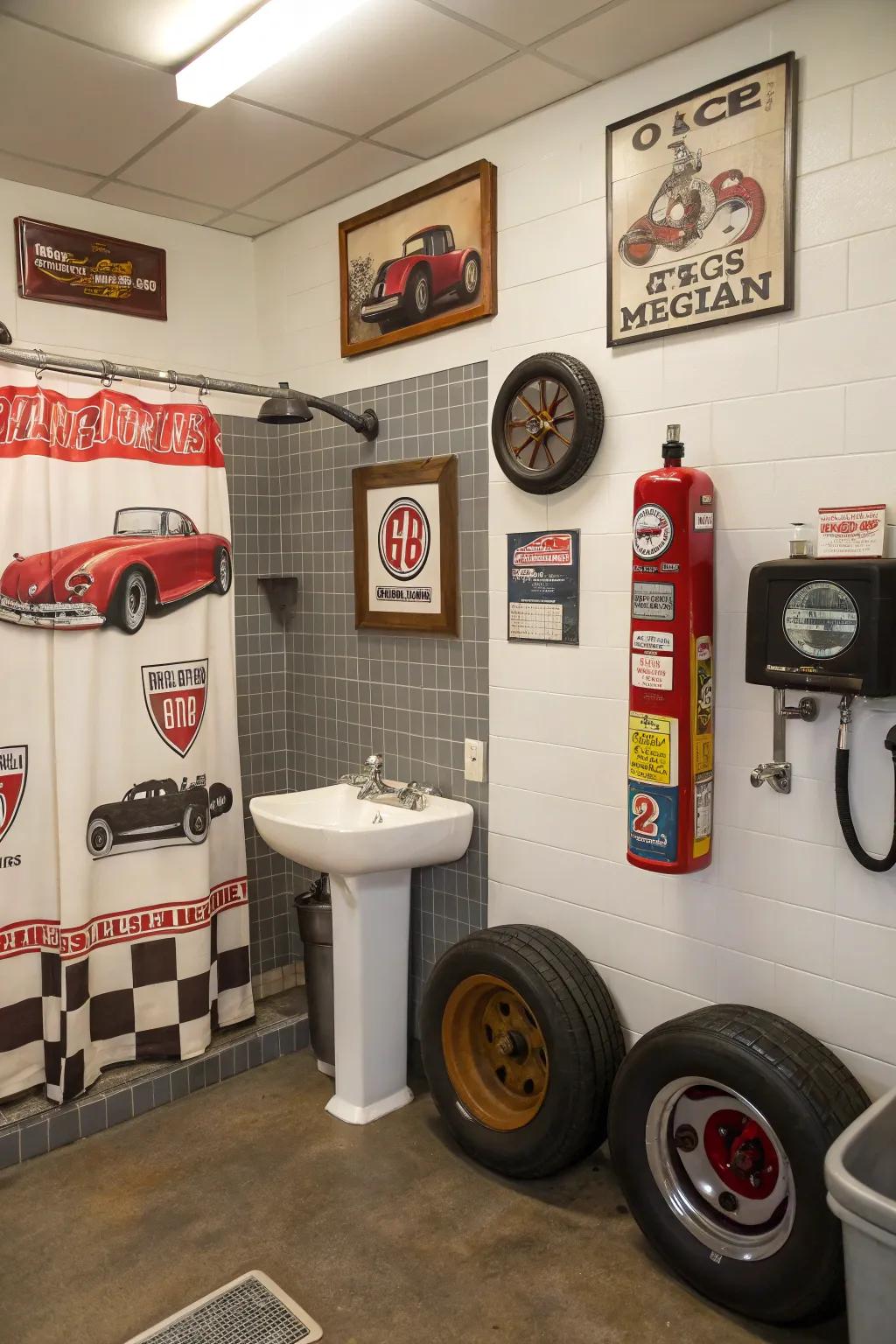Automotive-themed decor presents a playful homage to your garage’s origins.