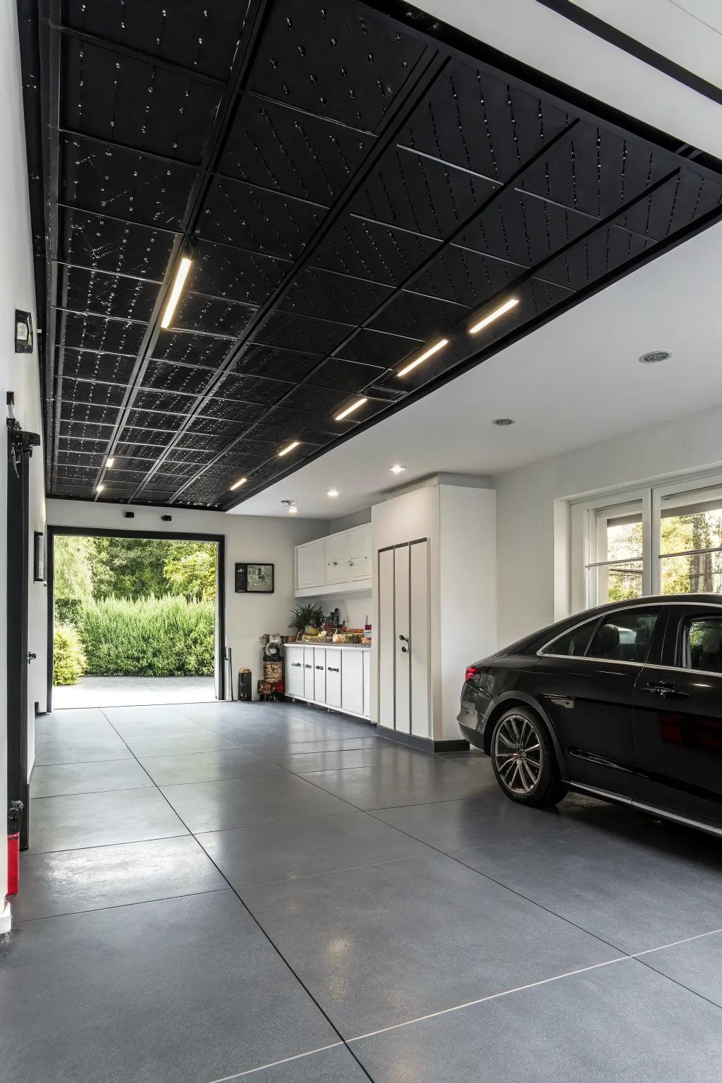 A black ceiling adds drama and sophistication to your garage space.