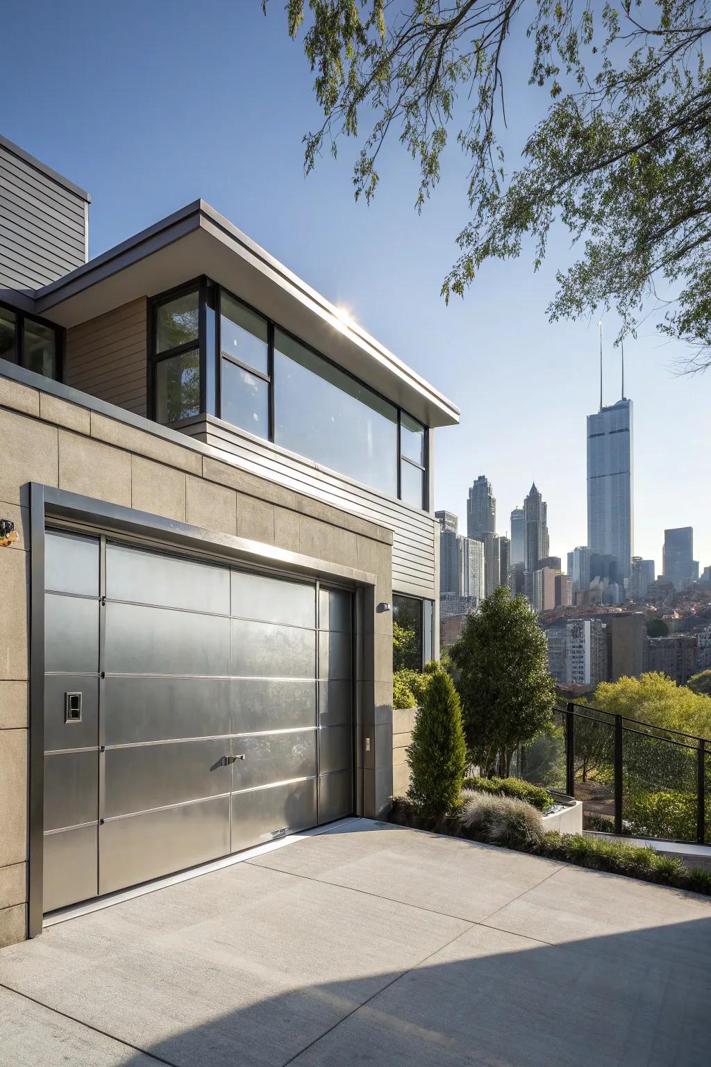 Contemporary metalized garage entries furnish a sleek and elegant sheen.