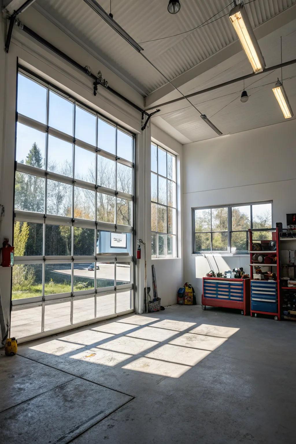 A well-ventilated garage space featuring strategically placed windows.