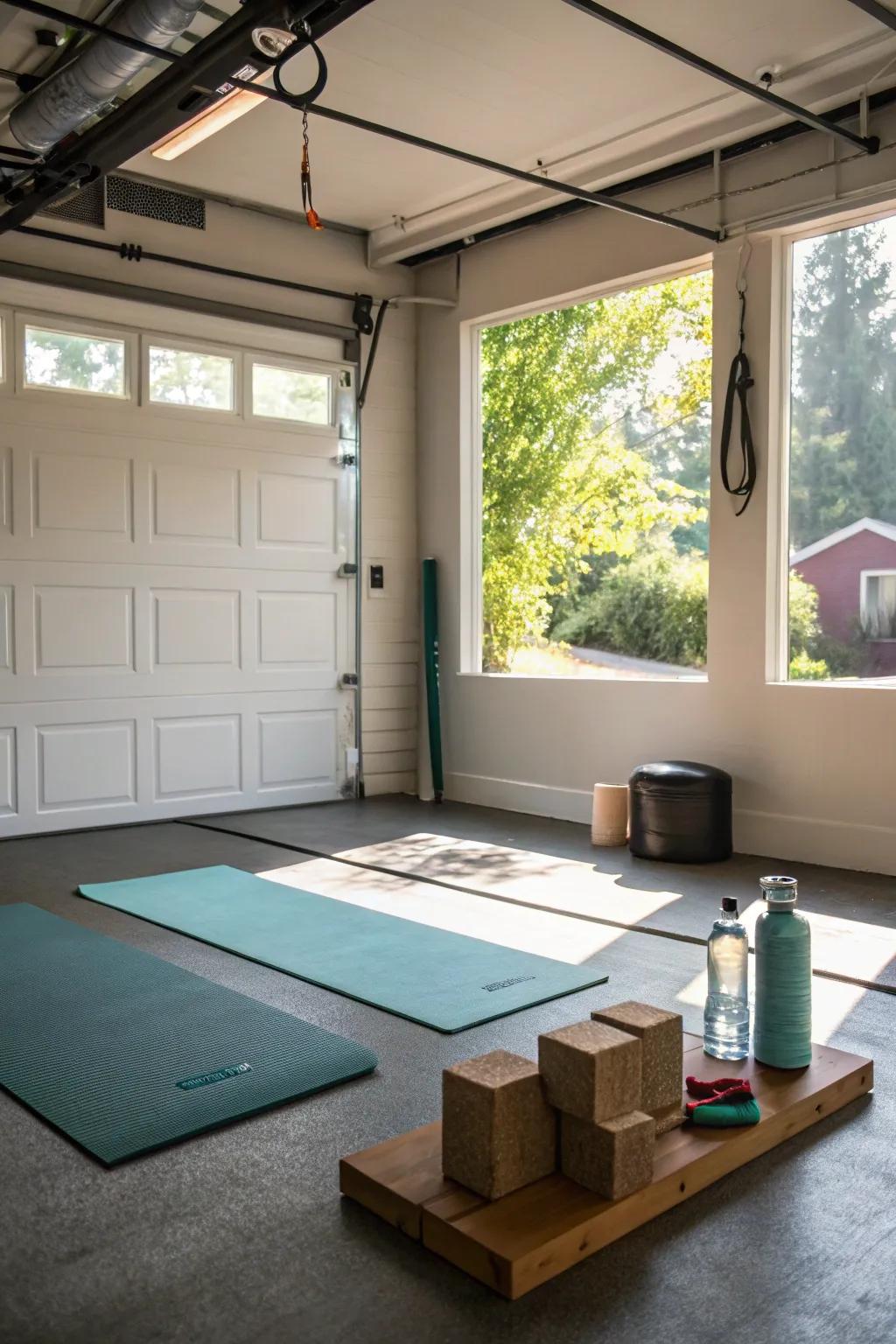 A dedicated yoga and stretching area offers a tranquil space for mindfulness.