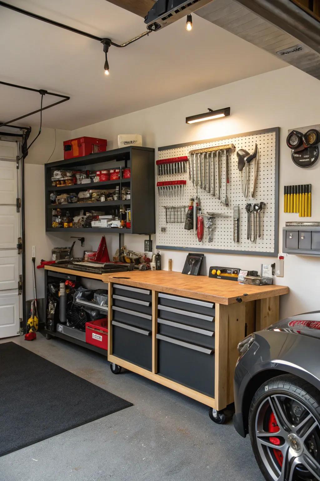 A neatly arranged DIY workshop corner inside your personal retreat.