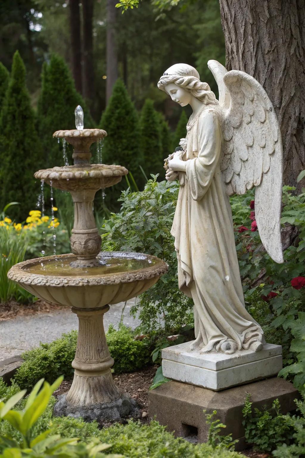 An angel statue watching over a tranquil water feature.
