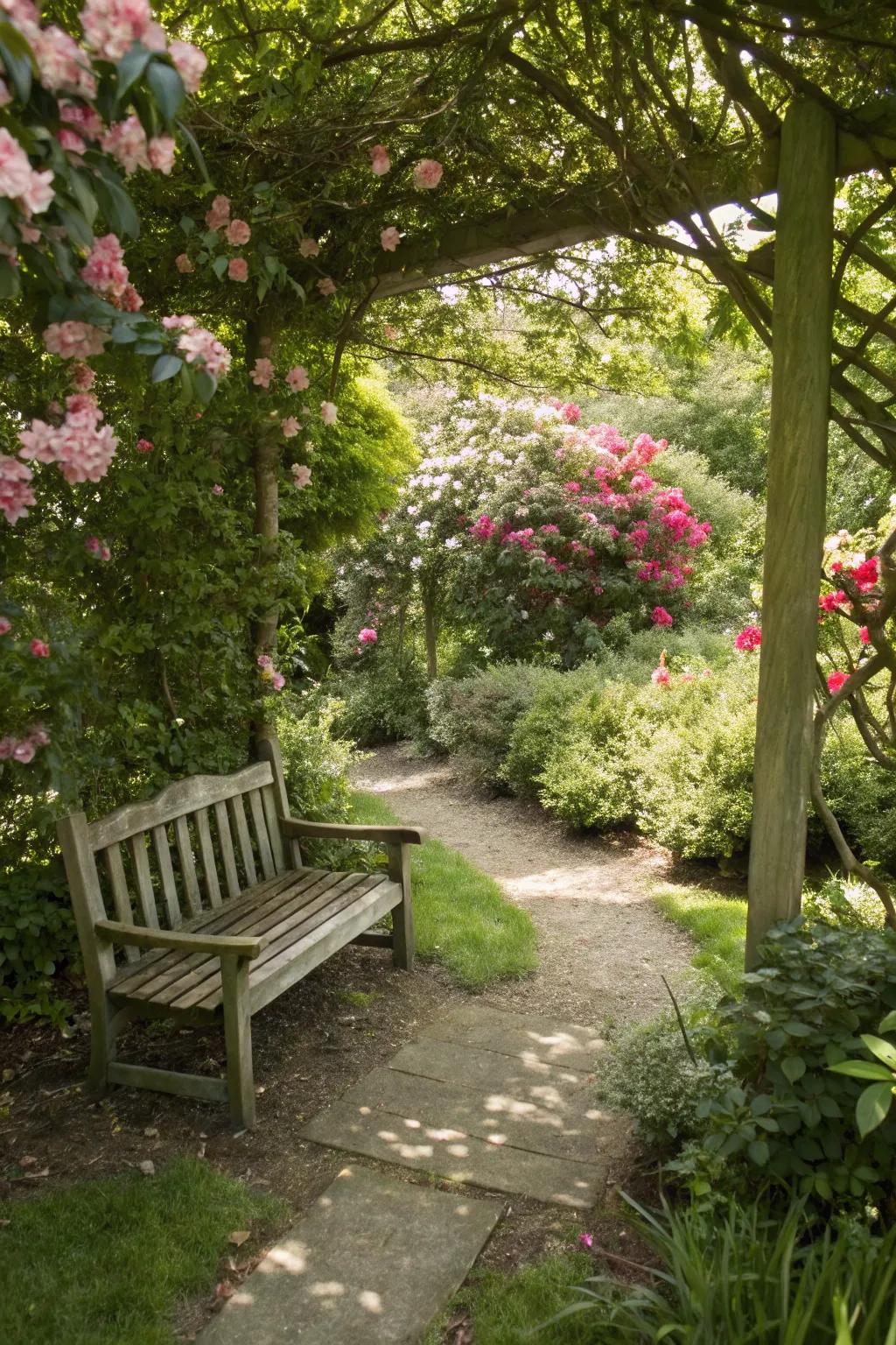 A secret garden corner with a bench hidden behind rich flowering bushes.