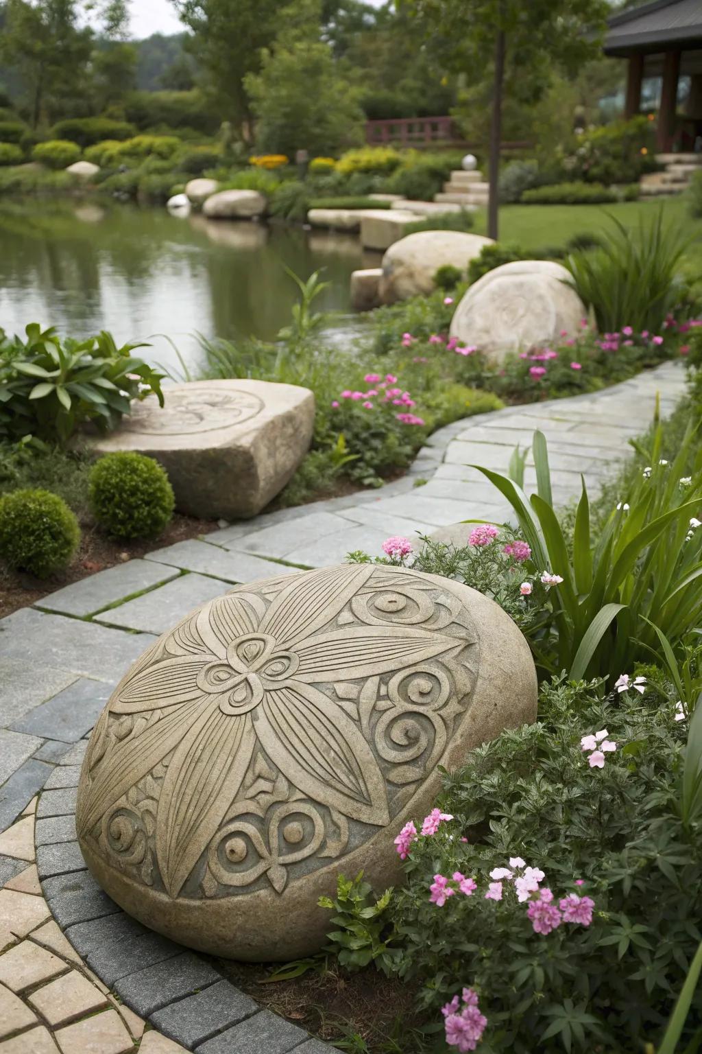 Bespoke stone engravings furnishing a distinct personal attribute to the garden.