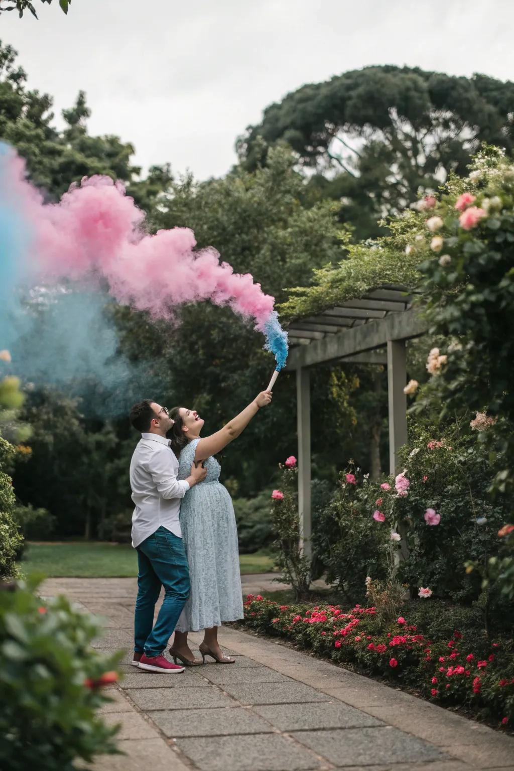 Document a remarkable announcement with colorful smoke bombs in an outdoor locale.