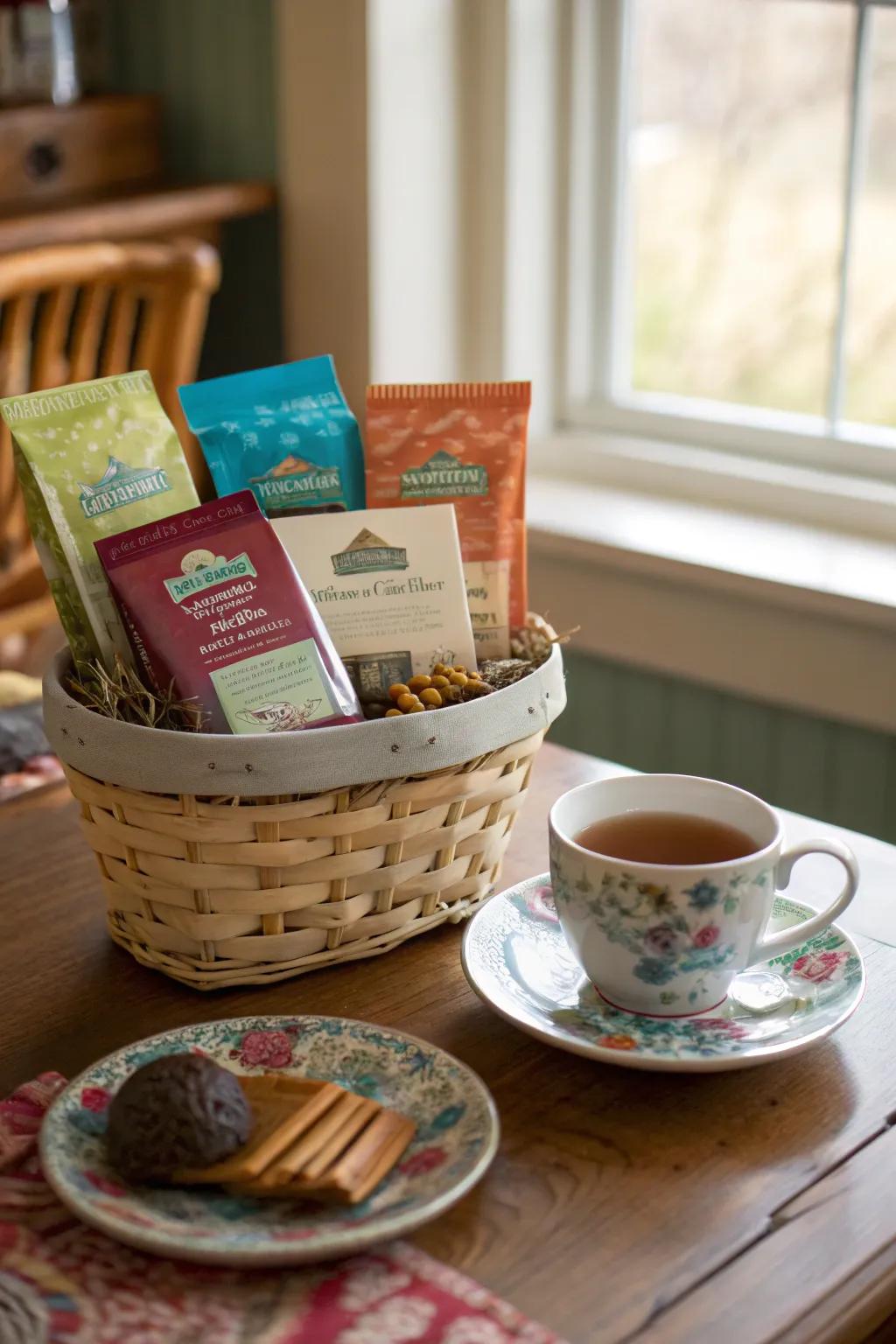 A tea-themed gift basket ideal for tea enthusiasts.