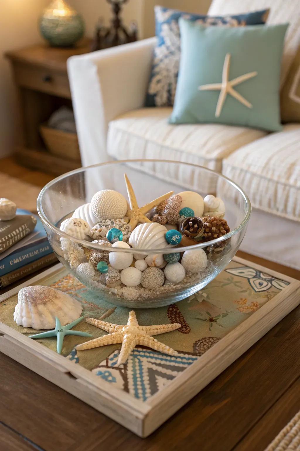 A seaside Yuletide season through seashells inside a crystal vessel.