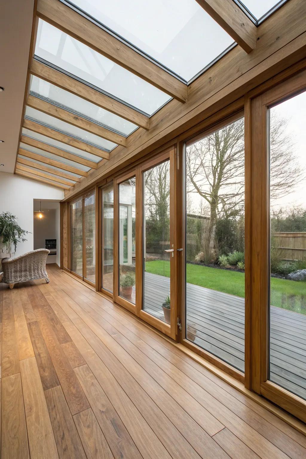 Untreated wood tones that bring warmth to a glass extension.