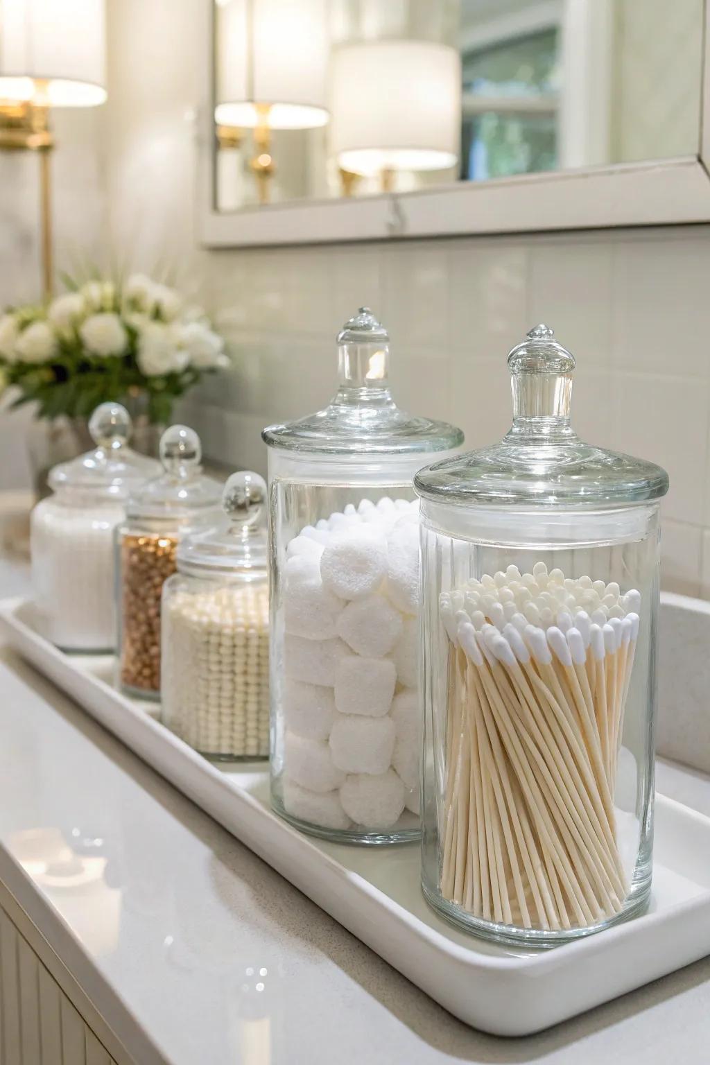 Vessels neatly arrange and elevate bathing necessities.