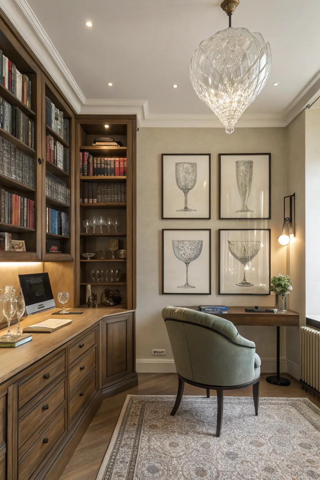 Glassware framed akin to art contributing an artistic aspect to the workspace.