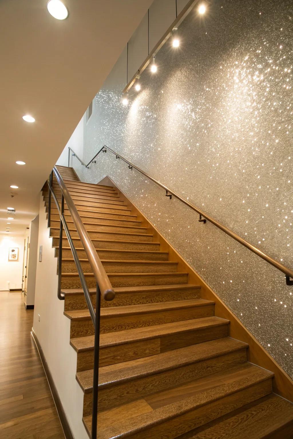 A glitter accent wall asserts a presence upon a staircase.