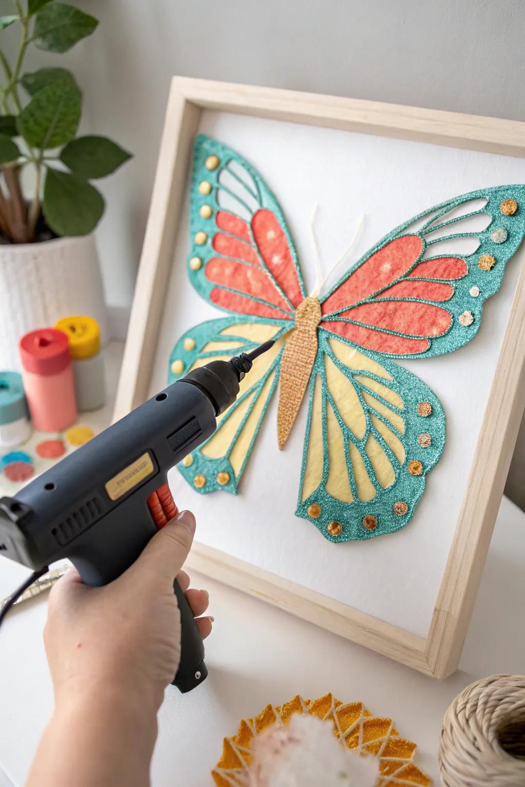 Capture the vibrant elegance of nature with adhesive applicator art, transforming simple materials into stunning butterfly wing details.