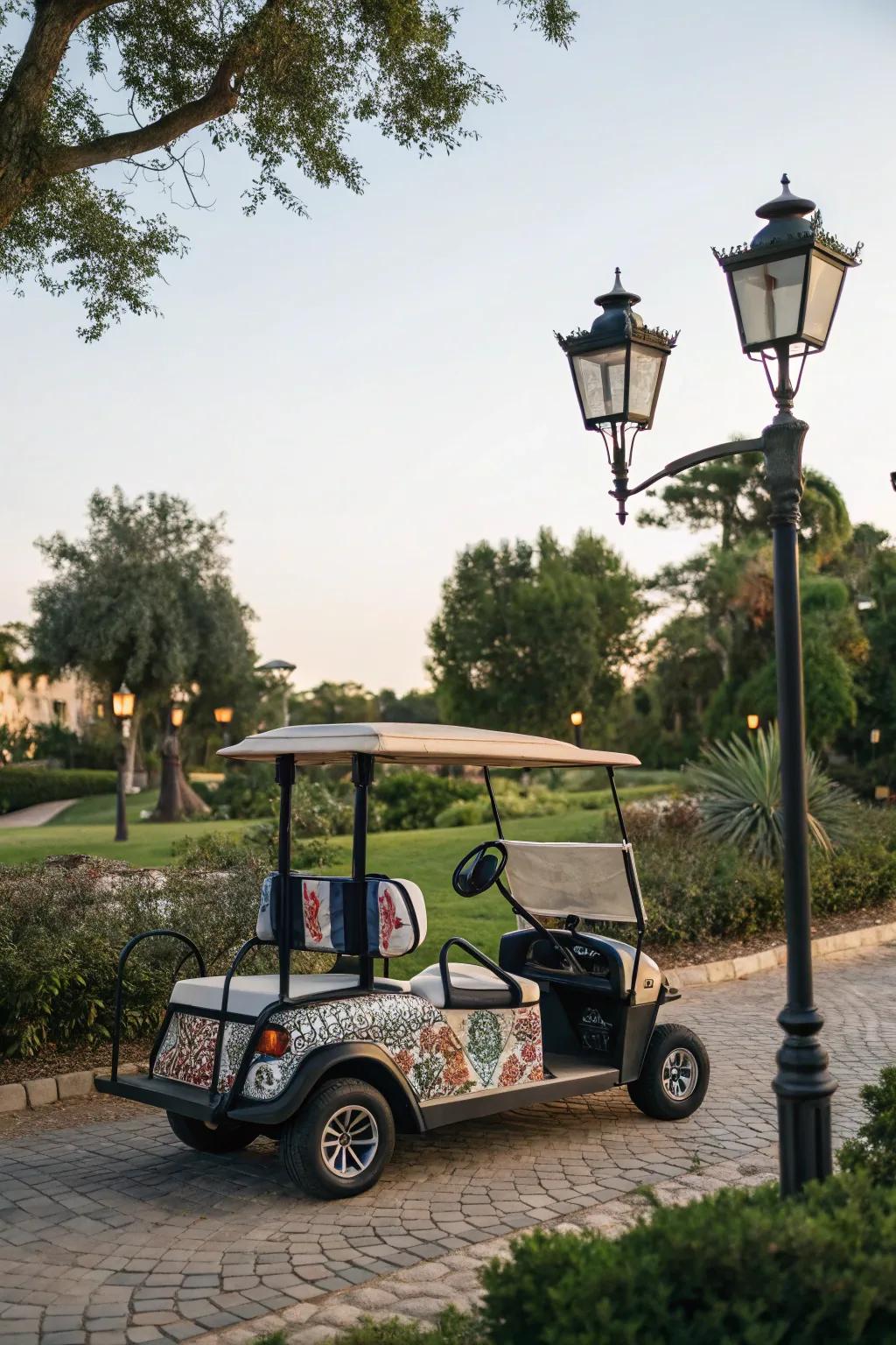 Add vintage glamour to your golf cart with timeless decorations.