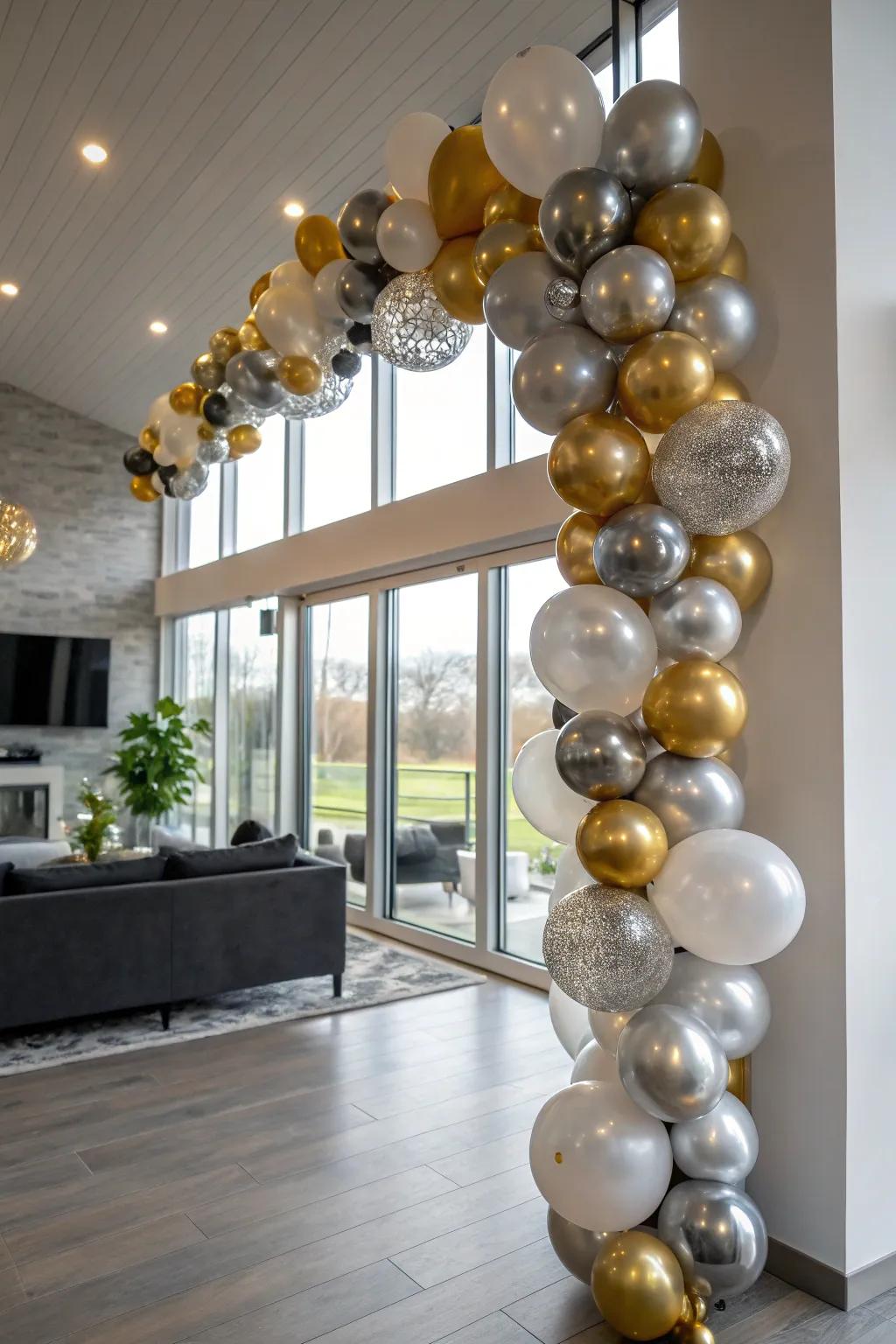 Polished and futuristic metallic balloon garland for a modern party.