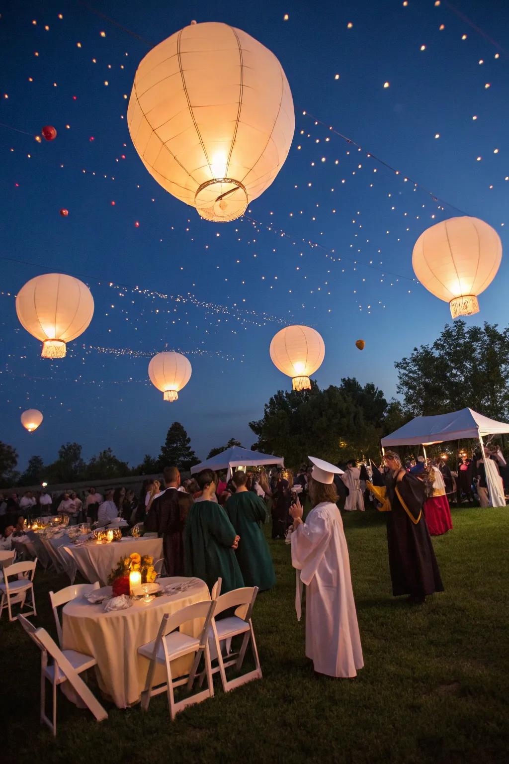 Glowing balloon lanterns offer ambient lighting at an outdoor event.