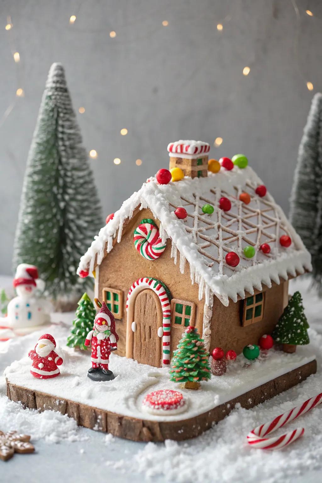 Santa's workshop gingerbread house with holiday cheer.