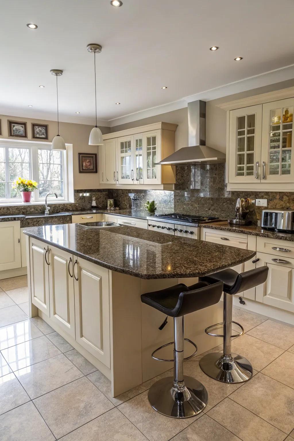 Bespoke-shaped granite worktops offer a personalized culinary design.