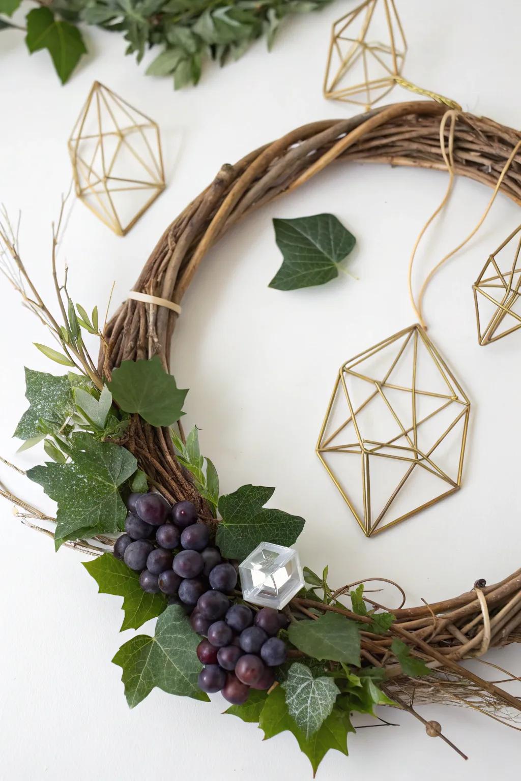 A modern minimalist grapevine wreath featuring geometric accents.